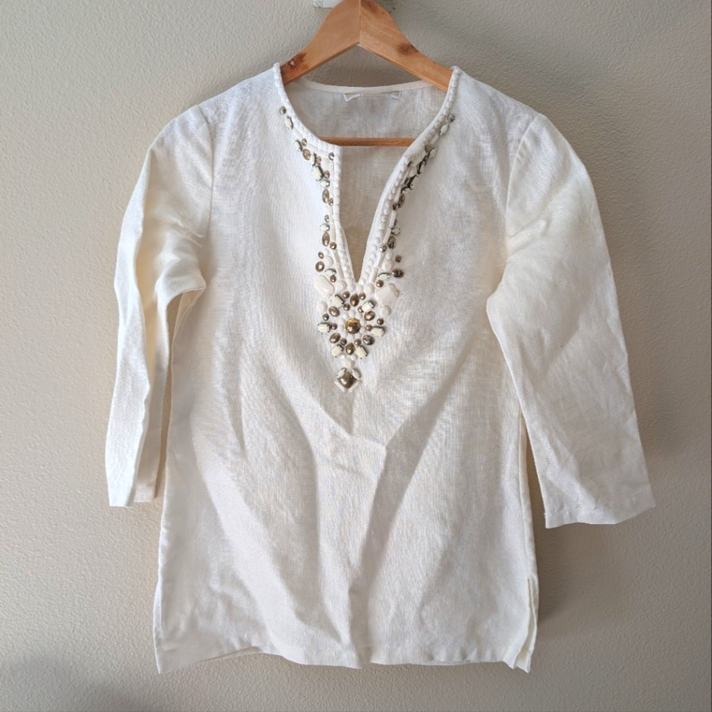 Michael Kors Linen Embellished Tunic Size XS Cream beaded Neckline